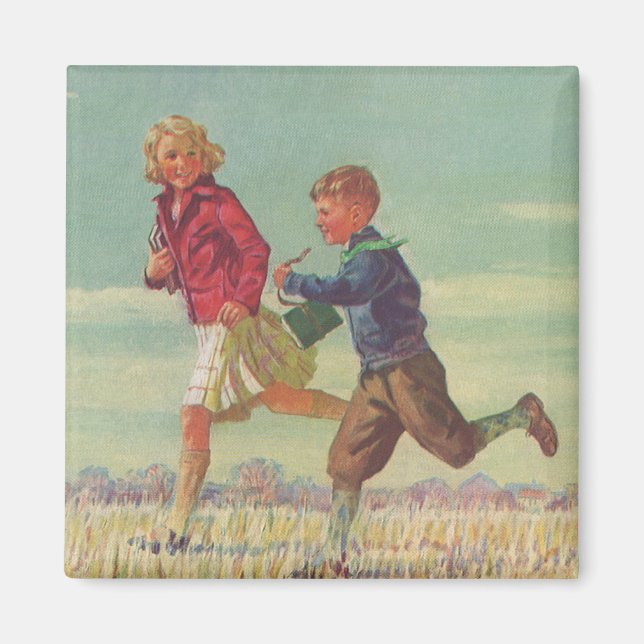 Vintage Children Running to School Carrying Books Magnet (Front)