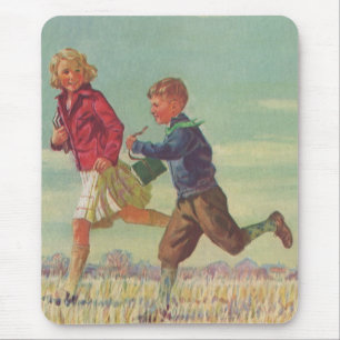 Vintage Children Running to School Carrying Books Mouse Pad