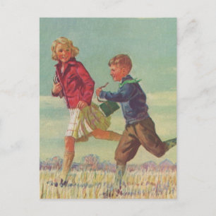 Vintage Children Running to School Carrying Books Postcard