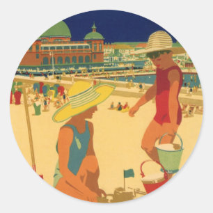 Vintage Children, Sisters Family Vacation at Beach Classic Round Sticker