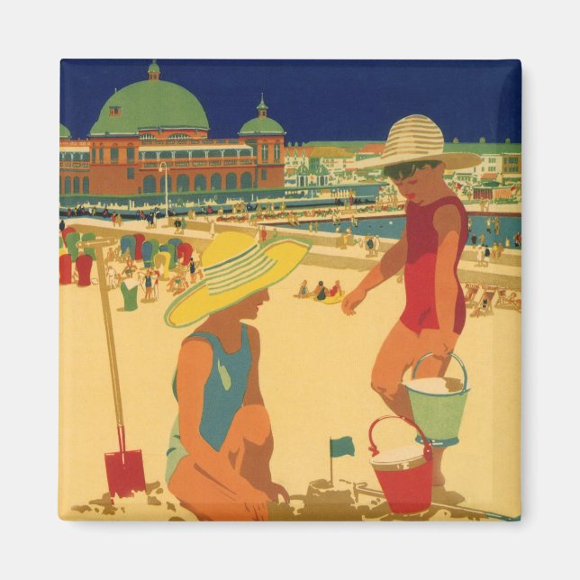 Vintage Children, Sisters Family Vacation at Beach Magnet (Front)