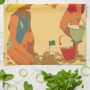 Vintage Children, Sisters Family Vacation at Beach Tea Towel