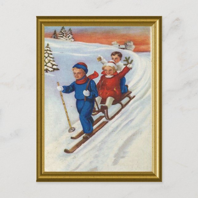 Vintage children skiing holiday postcard (Front)