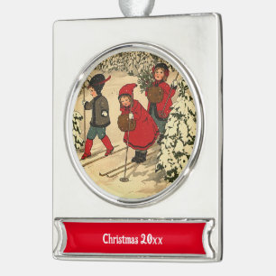 Vintage Children Skiing Through a Snowy Forest Silver Plated Banner Ornament
