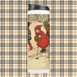 Vintage Children Skiing Through a Snowy Forest Thermal Tumbler