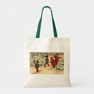 Vintage Children Skiing Through a Snowy Forest Tote Bag
