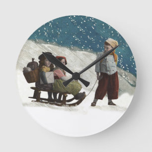 Vintage Children Sledding Artwork painting drawing Round Clock