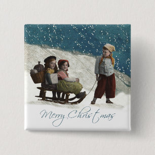 Vintage Children Sledding Christmas Winter 15 Cm Square Badge