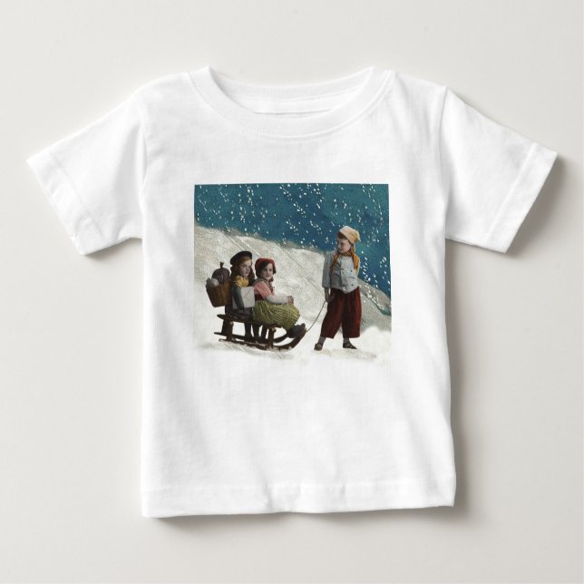 Vintage Children Sledding Christmas Winter Baby T-Shirt (Front)