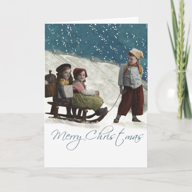 Vintage Children Sledding Christmas Winter Holiday Card (Front)