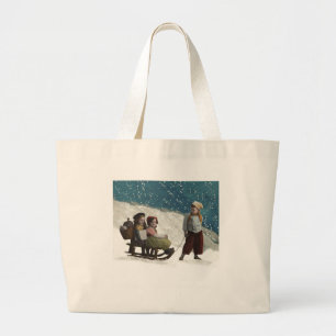 Vintage Children Sledding Christmas Winter Large Tote Bag