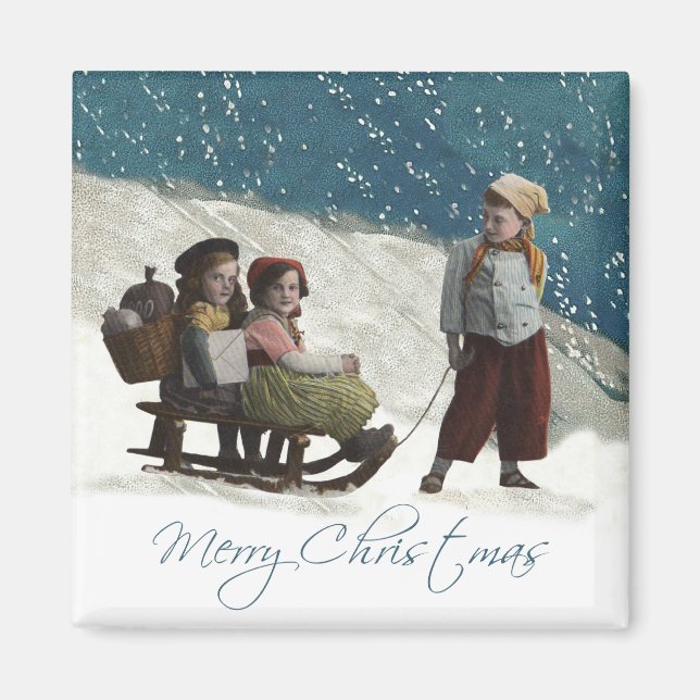 Vintage Children Sledding Christmas Winter Magnet (Front)