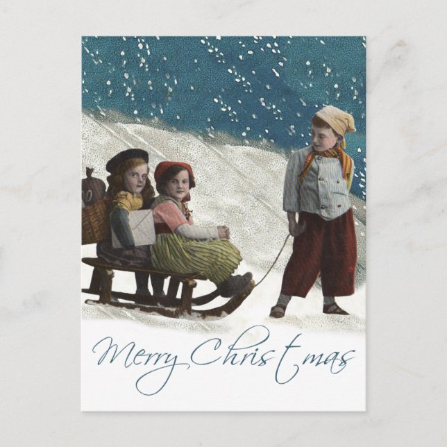 Vintage Children Sledding Christmas Winter Postcard (Front)