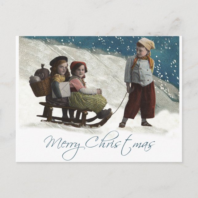 Vintage Children Sledding Christmas Winter Postcard (Front)