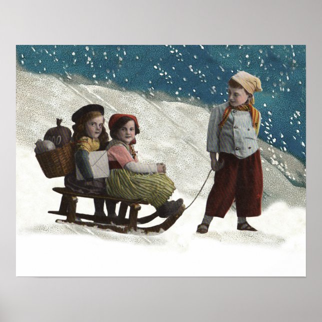 Vintage Children Sledding Christmas Winter Poster (Front)