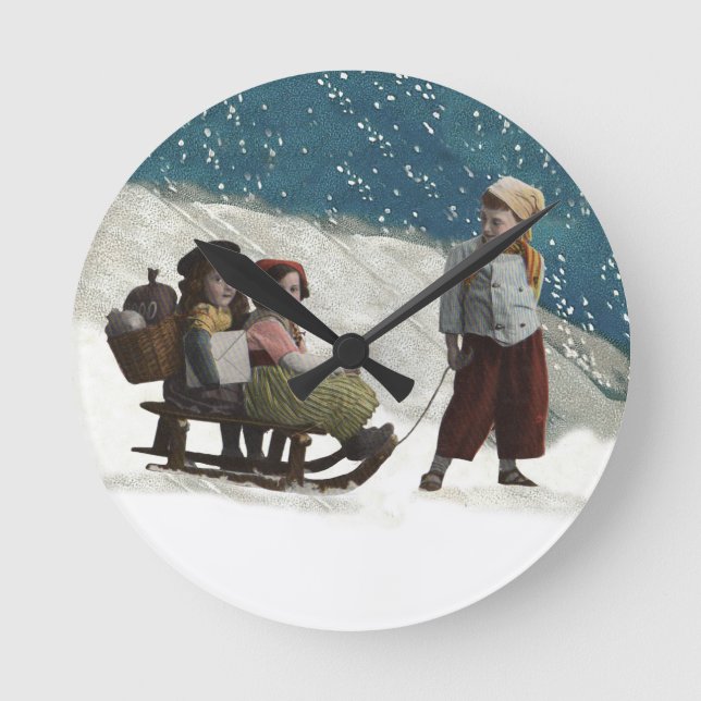 Vintage Children Sledding Christmas Winter Round Clock (Front)