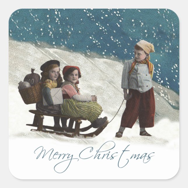 Vintage Children Sledding Christmas Winter Square Sticker (Front)