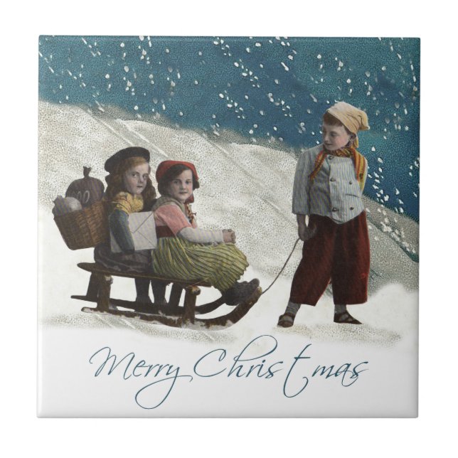 Vintage Children Sledding Christmas Winter Tile (Front)