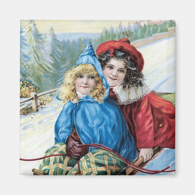 Vintage Children Sleding Magnet (Front)