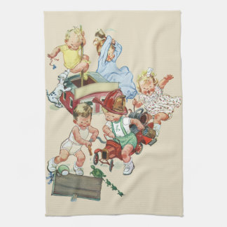 Vintage Children Toddlers Playing with Fire Trucks Tea Towel