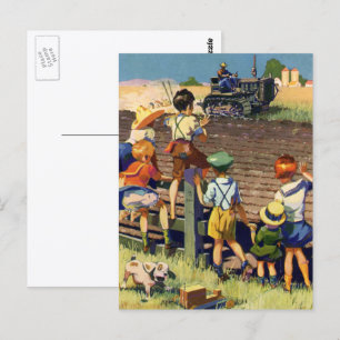 Vintage Children Waving to Local Farmer on Tractor Postcard