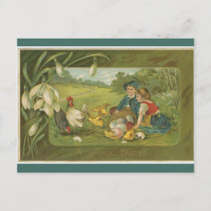 Vintage Children With Chickens Easter Postcard