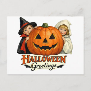 Vintage Children with Giant Pumpkins Halloween Postcard