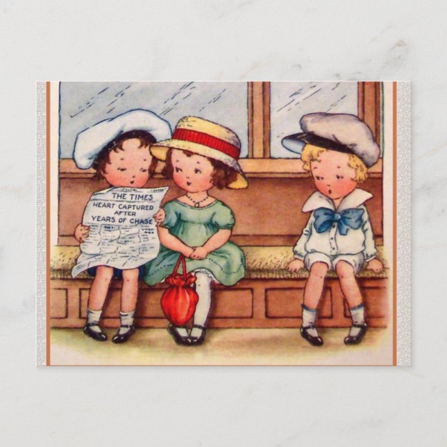 Vintage Children with Hearts Captured Newspaper Postcard (Front)