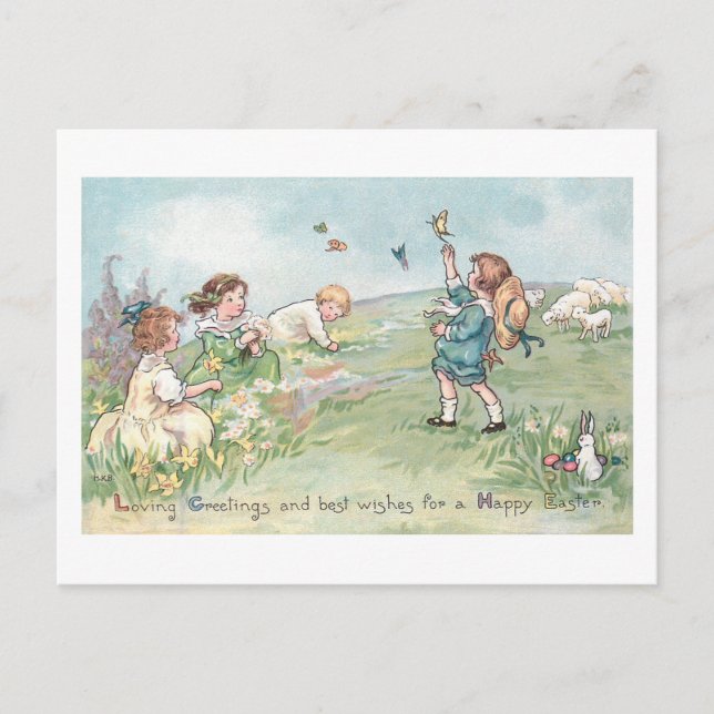Vintage Children with Lambs and Easter Bunnies Holiday Postcard (Front)
