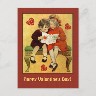 Vintage Children with Valentine and Hearts Holiday Postcard