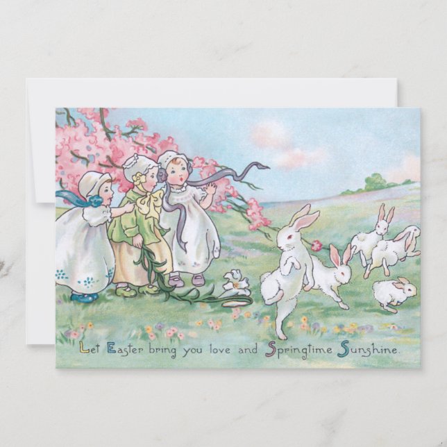 Vintage Children with White Easter Bunnies Holiday Card (Front)