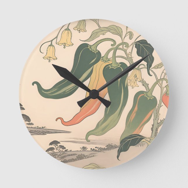 Vintage Chilli Pepper Illustration Round Clock (Front)