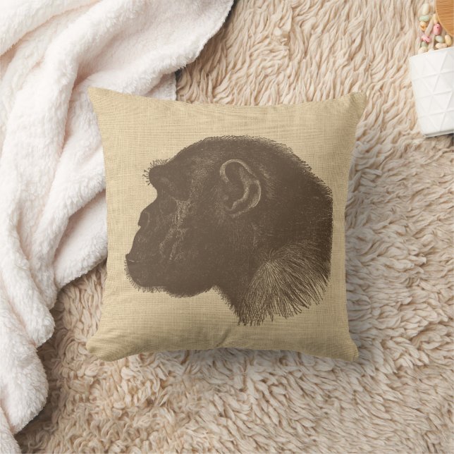 Vintage Chimpanzee Illustration on Burlap  Cushion (Blanket)