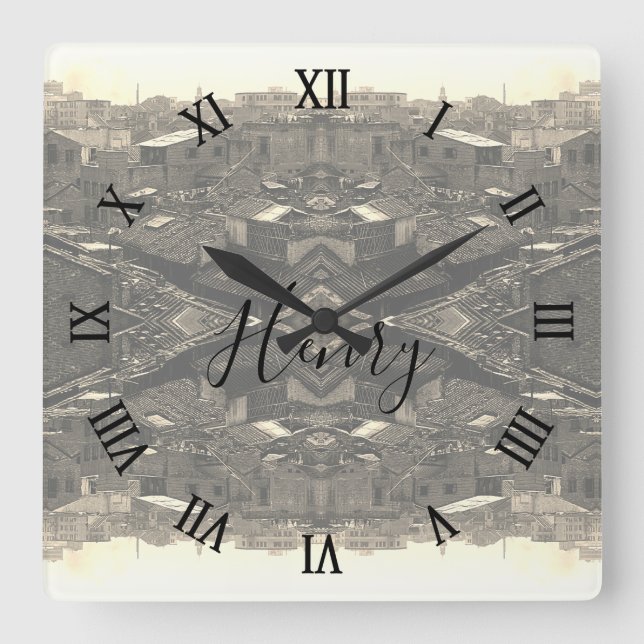 Vintage China Canton city Square Wall Clock (Front)