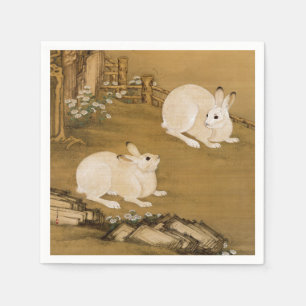 Vintage Chinese Art Two White Rabbits Painting Napkin