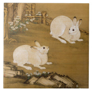 Vintage Chinese Art Two White Rabbits Painting Tile
