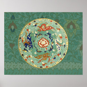 Vintage Chinese Blue Green Land Sea Air Horses Poster