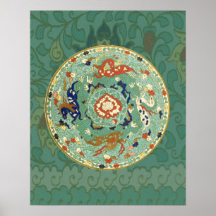 Vintage Chinese Blue Green Land Sea Air Horses Poster