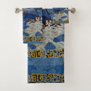 Vintage Chinese Crane Pattern: Imperial Blue Bath Towel Set