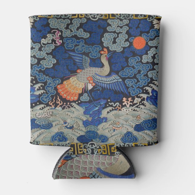 Vintage Chinese Crane Pattern: Imperial Blue Can Cooler (Front)