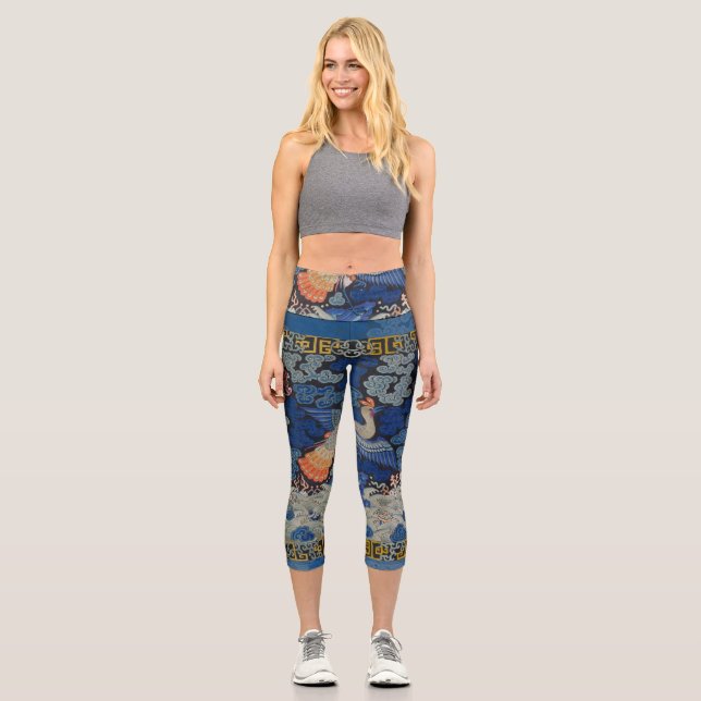 Vintage Chinese Crane Pattern: Imperial Blue Capri Leggings (Front)