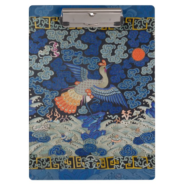 Vintage Chinese Crane Pattern: Imperial Blue Clipboard (Front)