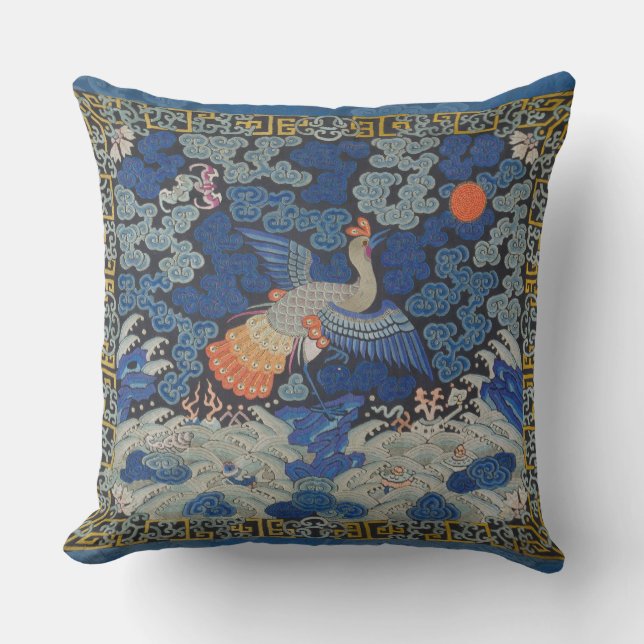 Vintage Chinese Crane Pattern: Imperial Blue Cushion (Front)