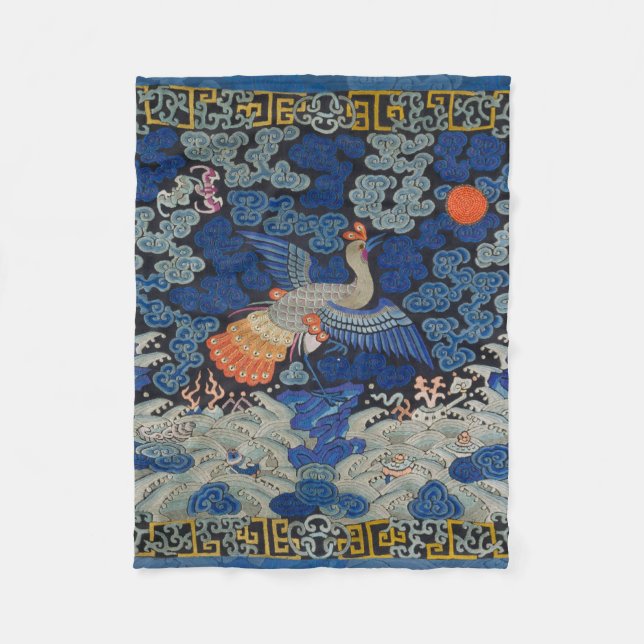 Vintage Chinese Crane Pattern: Imperial Blue Fleece Blanket (Front)