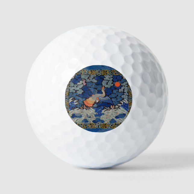 Vintage Chinese Crane Pattern: Imperial Blue Golf Balls (Front)