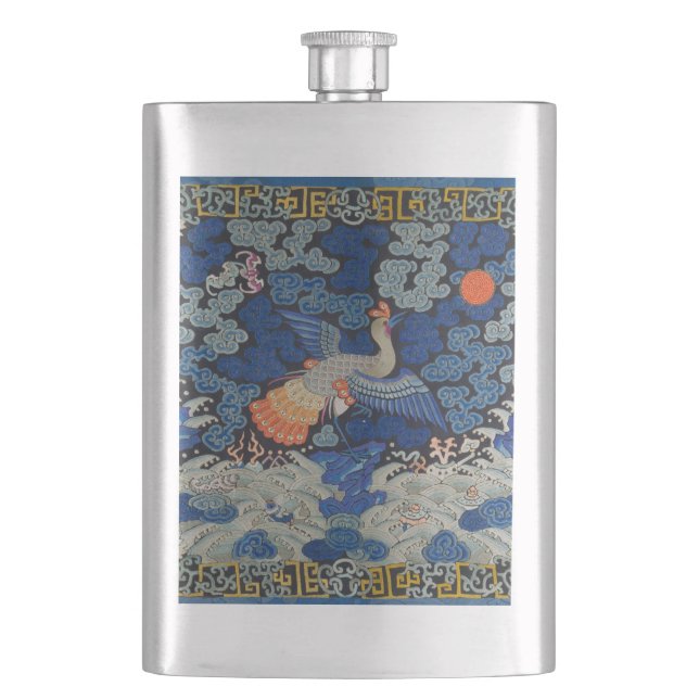 Vintage Chinese Crane Pattern: Imperial Blue Hip Flask (Front)