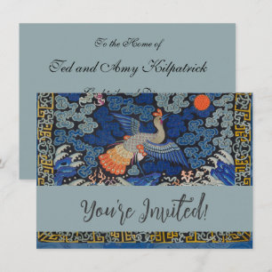 Vintage Chinese Crane Pattern: Imperial Blue Invitation