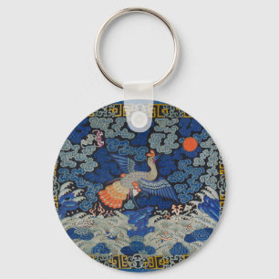 Vintage Chinese Crane Pattern: Imperial Blue Key Ring