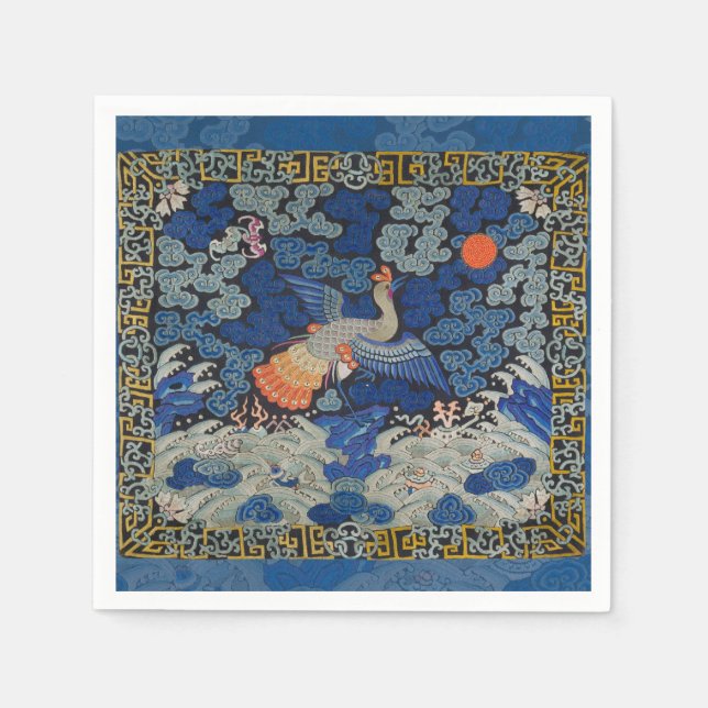 Vintage Chinese Crane Pattern: Imperial Blue Napkin (Front)