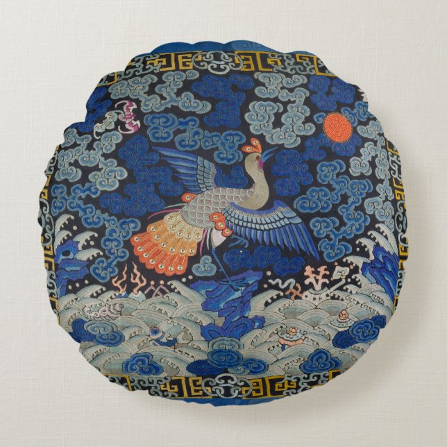 Vintage Chinese Crane Pattern: Imperial Blue Round Cushion (Front)